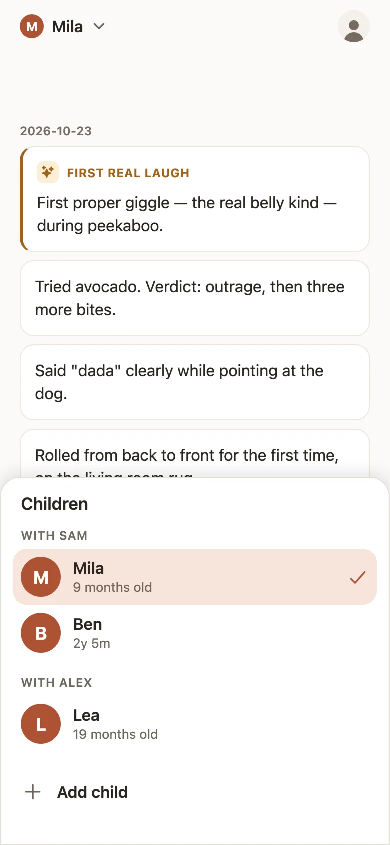 The child switcher: Mila and Ben shared with Sam, Lea shared with Alex, and Add child.