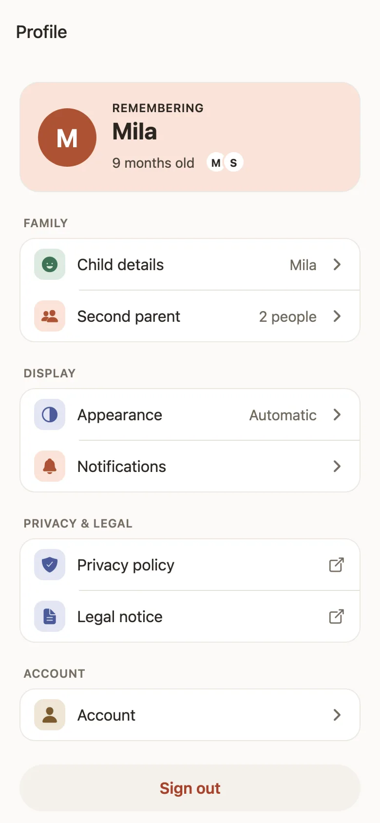 The profile: child details, second parent, appearance, notifications, privacy and account.