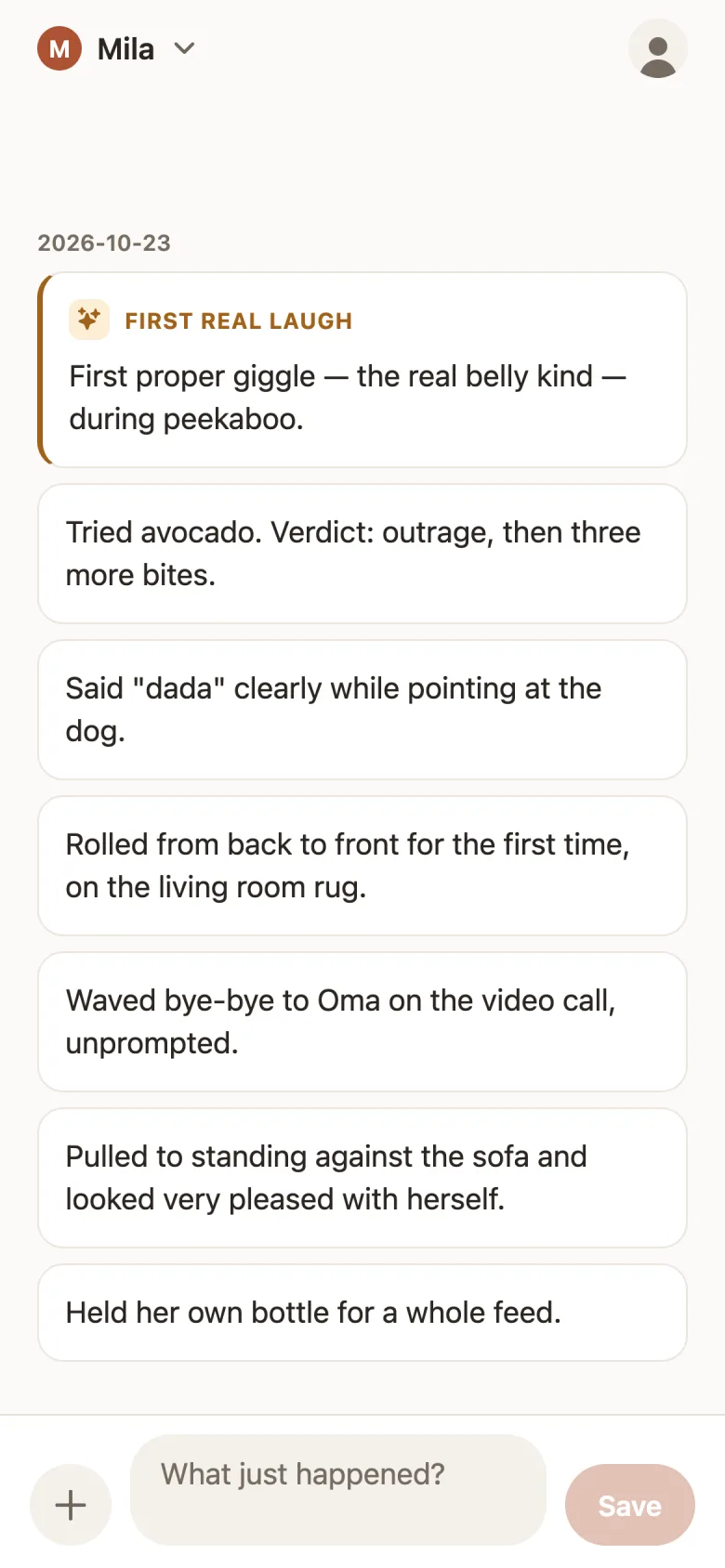 Firstful's timeline: short entries about a baby called Mila, one marked as the milestone First real laugh, and the field to write the next one.